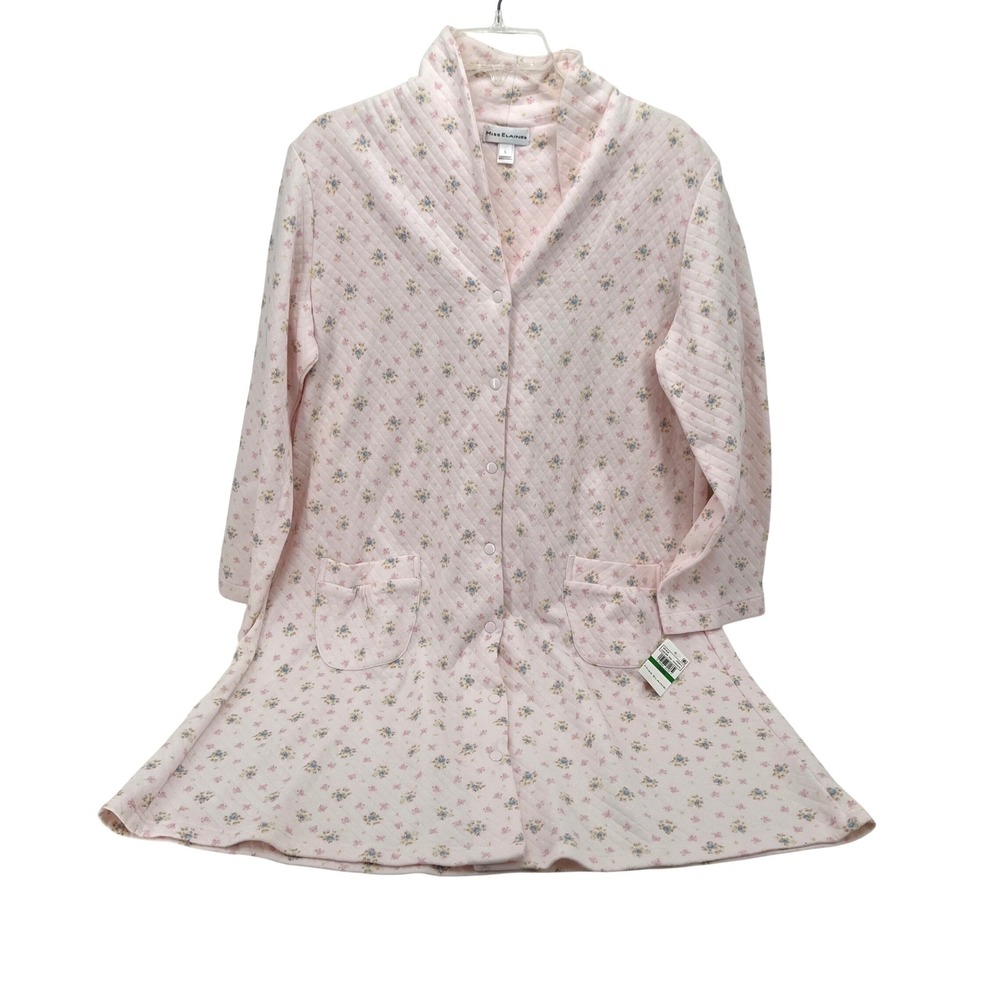 Miss Elaine Quilted Floral Gown Robe‎ Loungewear Pink Blue Size L Full Zip